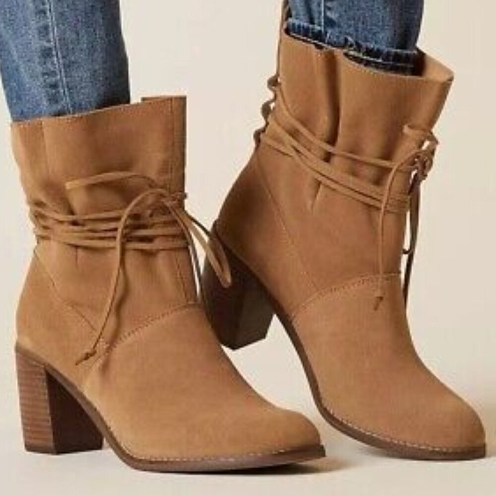Toms Tan Suede Mila Block Heel Wrapped Lace Detail Boots Boho Indie